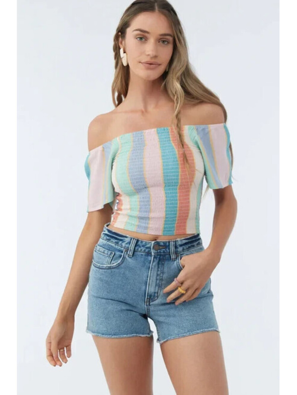 O'Neill Ally Smocked Off Shoulder Top Womens M Striped Coastal Retro Boho